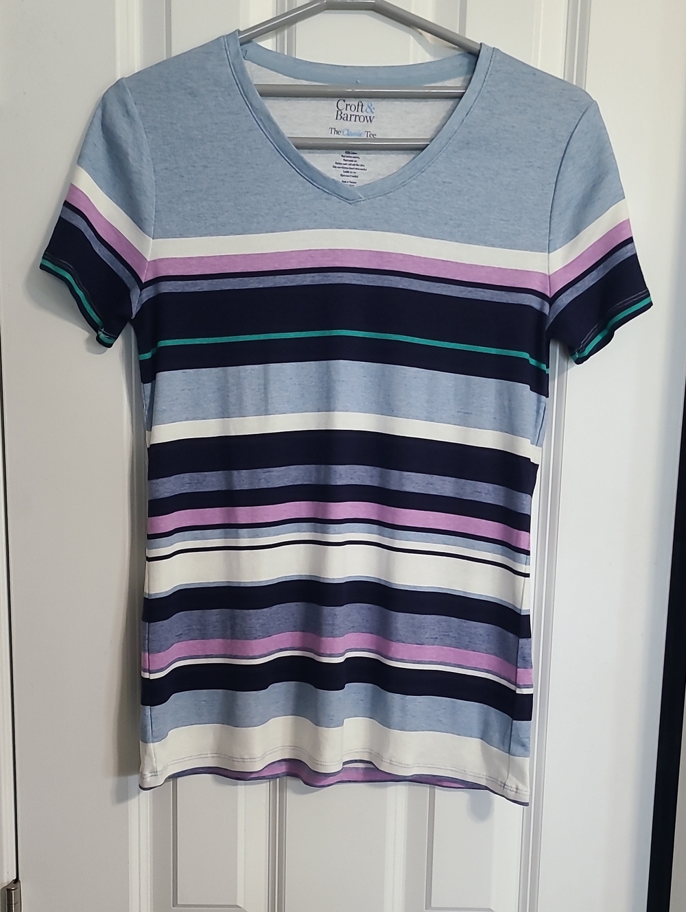 croft & barrow Light Blue Striped V-Neck Tee with Navy, White and Lavender